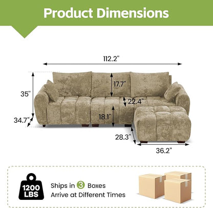 112" L Shaped Modular Sectional Sofa, Brown Chenille Cloud Couch, Modern Upholstered 4 Seater Couch with Removable Ottoman, Tufted Deep Seat & Wood Legs, Sectional Couches for Living Room Apartment