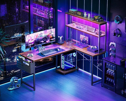 AODK L Shaped Desk Gaming Desk with LED Light & Power Outlet, 53 Inch Reversible L Shaped Computer Table with Shelf & Storage Bag & Hook for Home Office, Vintage