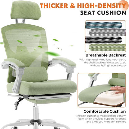 Sweetcrispy Office Computer Desk Chair, Ergonomic High-Back Mesh Rolling Work Swivel Chairs with Wheels, Comfortable Lumbar Support, Comfy Arms for Home, Bedroom, Study, Student, Green