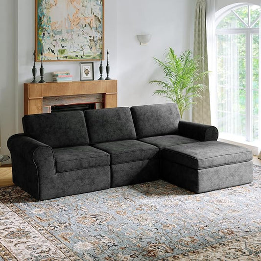 Novilla 108" Modular Sectional Sofa, Modular Sectional Couches for Living Room Bedroom, Chenille Removable Cover Cloud Couch with Smarts Coil® Support L-Shaped Couch(Dark Grey, 3 Seater + 1 Ottoman)