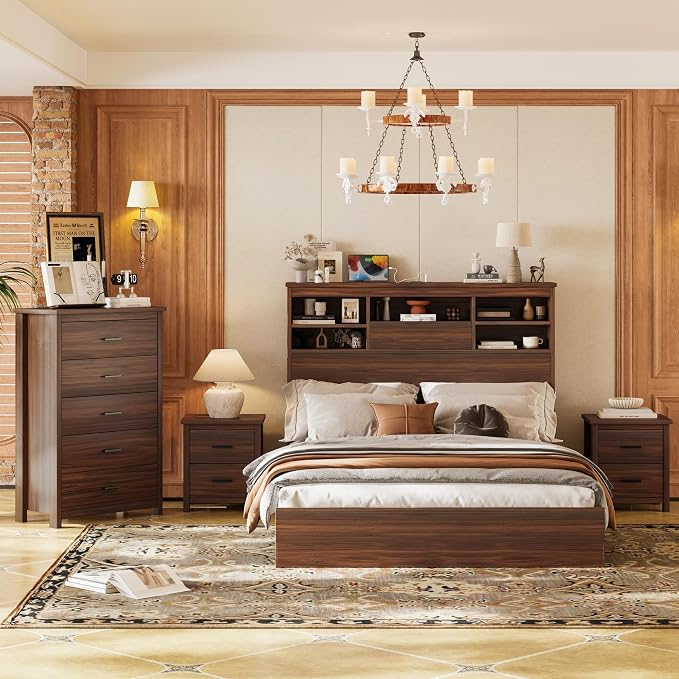 5 Piece Bedroom Furniture Sets, Rustic Style Bedroom Furniture Sets with 1 Queen Size Platform Bed, 2 Drawers and 1 Dresser for Living Room, Farmhouse Bedroom Set, Walnut
