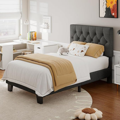 Feonase Twin Platform Bed Frame with Button Tufted Headboard, Upholstered Linen Bed with Wooden Slats Support, No Box Spring Needed, Noise-Free, Easy Assembly, Dark Grey