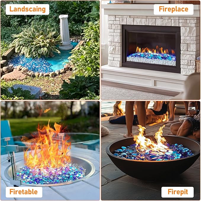 Uniflasy 20 lb Reflective Fire Glass, 1/2 in Blue Mix | For Propane Fire Pits, Natural Gas Fireplaces, Fire Tables, and Lava Rock Replacement