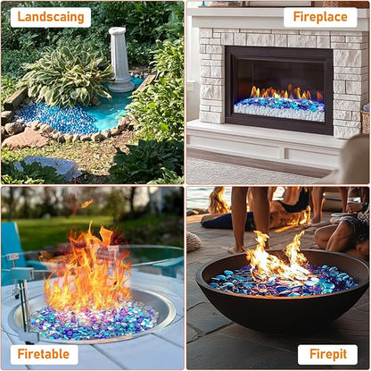 Uniflasy 20 lb Reflective Fire Glass, 1/2 in Blue Mix | For Propane Fire Pits, Natural Gas Fireplaces, Fire Tables, and Lava Rock Replacement