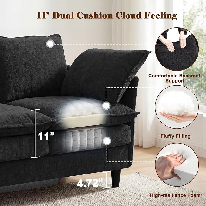 3 Seater L-Shape Couch Sofa with Ottoman, 69" Small Couch Modern Comfy Cloud Chenille Sofa 23" Deep with Washable Pillow Cover Couches for Living Room Bedroom Apartment Office 69-Black-L