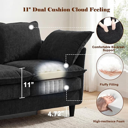 3 Seater Couch Sofa, 69" Small Couch Modern Cozy Comfy Cloud Chenille Sofa 23" Deep 1 Box & 2 Pillows & Washable Cover Couches for Living Room Bedroom Apartment Office 69-Black-1