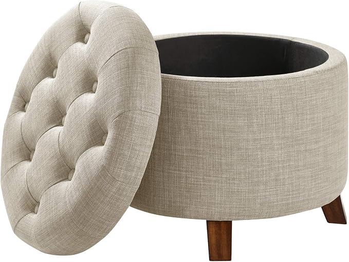 Amazon Basics Round Storage Ottoman Foot Rest, Button Tufted Upholstered Footstool with Storage, Sturdy Linen Fabric for Living Room and Bedroom, 20" x 17", Beige