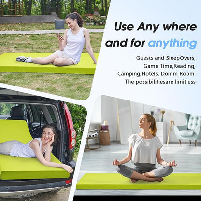 CYMULA 3 Inch Memory Foam Camping Pad, Camping Essentials Roll Up Floor Mat for Car Camping, Cot, Tent, Truck, Travel and Guest Use, Non-Slip Waterproof Bottom, Removable Cover