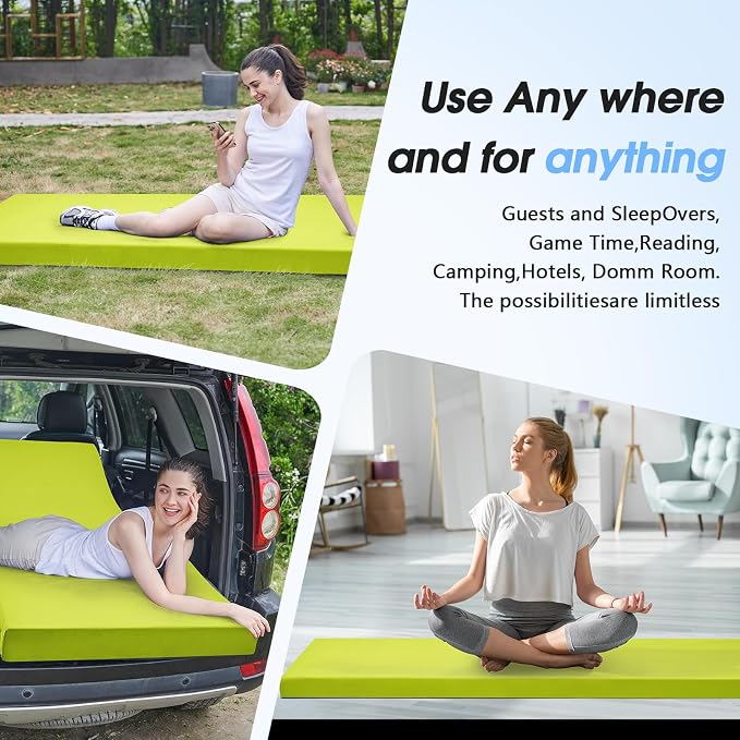 CYMULA 3 Inch Memory Foam Camping Pad, Camping Essentials Roll Up Floor Mat for Car Camping, Cot, Tent, Truck, Travel and Guest Use, Non-Slip Waterproof Bottom, Removable Cover