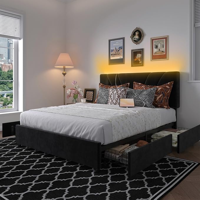 Novilla Full Size Bed Frame with Headboard, Full Size Bed Frame with Drawers, Full Bed Frame with LED Lights, Charging Station and Adjustable Headboard, No Box Spring Needed, Black Velvet