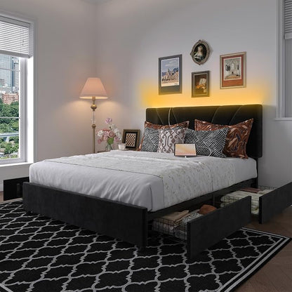 Novilla Queen Bed Frame with Headboard, Queen Bed Frame with Drawers, Queen Bed Frame with LED Lights, Charging Station and Adjustable Headboard, No Box Spring Needed, Black Velvet
