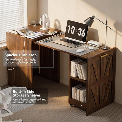 Foldable Desk with Charging Station, Rolling Home Office Desk with Storage Shelf, Pull-Out Computer Table for Small Spaces, Bedrooms, Apartments, and Dorms, Walnut