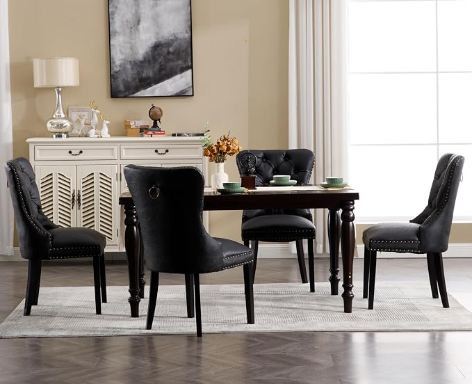 EALSON Modern Black Dining Chairs Set of 2 Mid Century Leather Dining Room Chairs with Wood Legs Tufted Upholstered Kitchen Side Chairs with Nail Head Trim for Dining Room/Living Room, Back with Ring