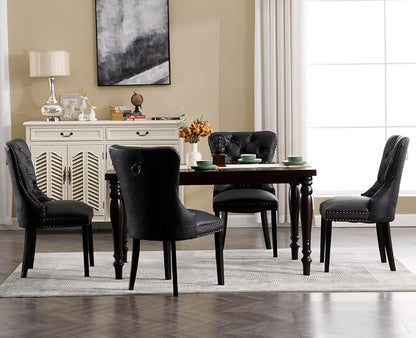 EALSON Modern Black Dining Chairs Set of 2 Mid Century Leather Dining Room Chairs with Wood Legs Tufted Upholstered Kitchen Side Chairs with Nail Head Trim for Dining Room/Living Room, Back with Ring