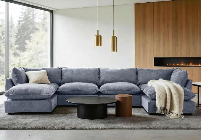 Iroomy Modular Sectional Sofa, U Shaped Chenille Cloud Couch Deep Comfy Seat, 6-Seater Sofas Couches for Living Room, Dusty Blue
