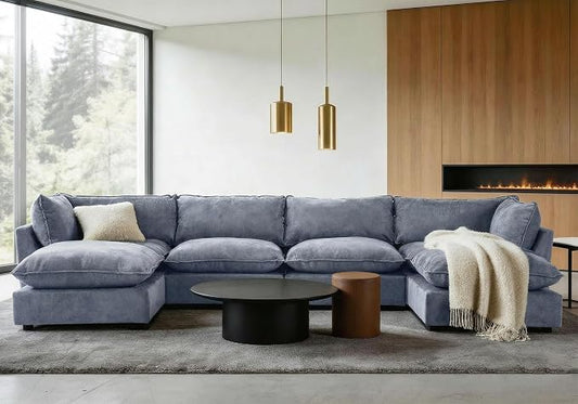 Iroomy Modular Sectional Sofa, U Shaped Chenille Cloud Couch Deep Comfy Seat, 6-Seater Sofas Couches for Living Room, Dusty Blue