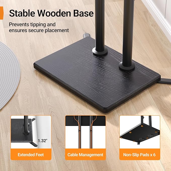 Perlegear Universal Floor TV Stand for 32–70" TVs up to 110 lbs, Height-Adjustable Tall TV Stand with Solid Wood Base & Extra-Stable Anti-Tip Feet, Swivel TV Mount for Bedroom, VESA 400x400, PGFLS34B