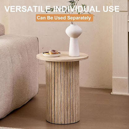 Round Nesting Coffee Tables for Living Room, Set of 2, Beige | φ27.6 + φ15.8 Boho Small Circle Side Tables, Fluted Drum Design Easy Assembly Minimalist Modern End Table Non-Slip Feet