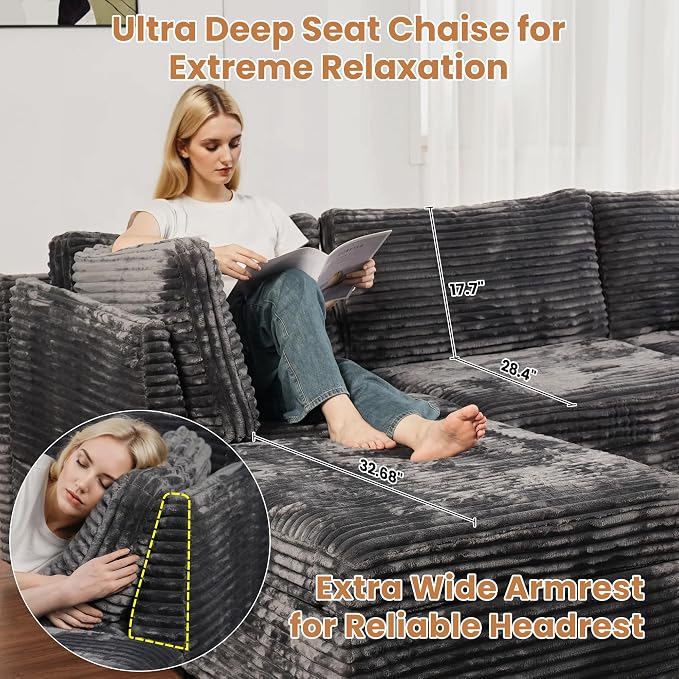ovios Modular Sectional Sofa Couch with Sofa Bed L-Shape Chaise, Comfy Plush Corduroy Cloud Couches, Modern Luxury Deep Seat Sofas Set for Living Room, 6-Seater, Grey