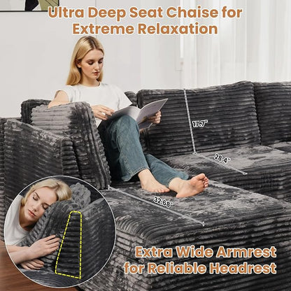 ovios Modular Sectional Sofa Couch with Sofa Bed L-Shape Chaise, Comfy Plush Corduroy Cloud Couches, Modern Luxury Deep Seat Sofas Set for Living Room, 6-Seater, Grey