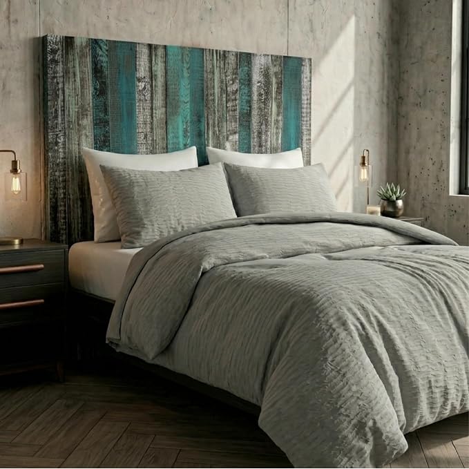 Barn Walls Wood Plank Headboard - King Size Urban Industrial Wall Mounted, Linear Color Overlay White Mint Turquoise & Pale Green on Black Barrel Deep Stain, Real Wood Accent