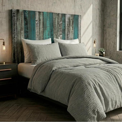 Barn Walls Wood Plank Headboard - King Size Urban Industrial Wall Mounted, Linear Color Overlay White Mint Turquoise & Pale Green on Black Barrel Deep Stain, Real Wood Accent