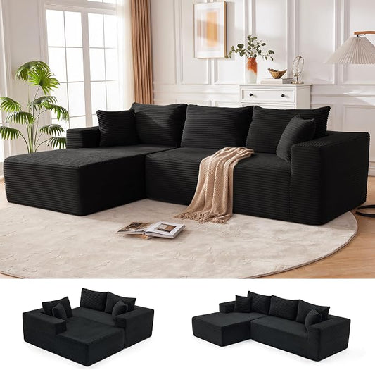Mangodan 110” Cloud Sectional Couch, Boneless Sofa for Living Room, Modular Sectional Sofa with Deep Seat, Comfy Fluffy Couch with L-Shaped Chaise, No Assembly Required (Left-Facing Chaise, Black)