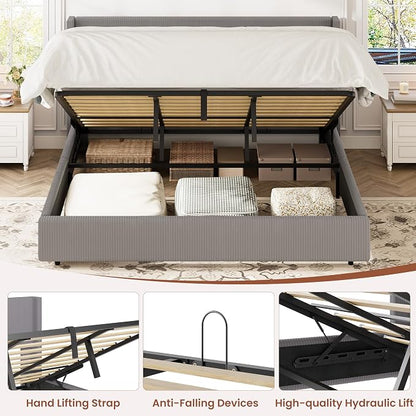 Garvee King Lift Up Storage Bed Frame, Corduroy Upholstered Platform Bed with Gas Lift, Padded Headboard, Wooden Slat Support, No Box Spring Needed, Easy Assembly, Taupe Grey