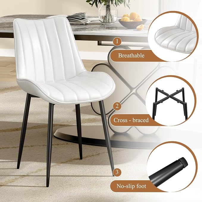 VECELO Dining Chairs Set of 6, Vegan Leather Fabric & Metal Frame, Mordern Style for Kitchen, Living Room,Offcie，White