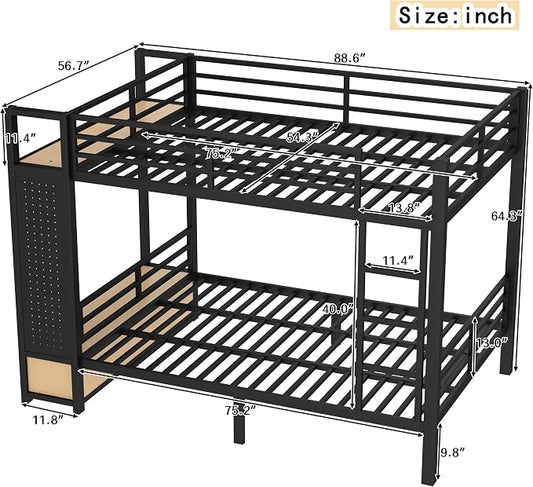 DNYN Full Over Full Metal Bunk Bed with 2 Drawers and Built-in Wardrobe for Teens Bedroom/Dorm/Staff Housing, Space-Saving Bed Frame with Storage Shelves and Pegboard, No Box Spring Needed
