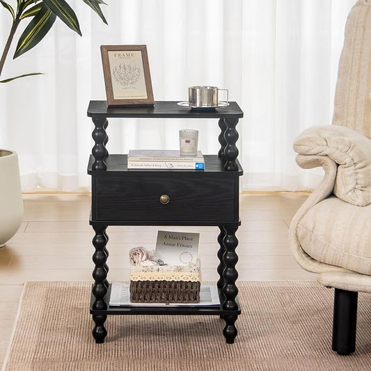 AWASEN Black Nightstand, Bed Side Table Bedroom with Drawer, 3-Tier Small Night Stand End Table with Storage for Small Spaces &Solid Wood Spindle Legs, Black