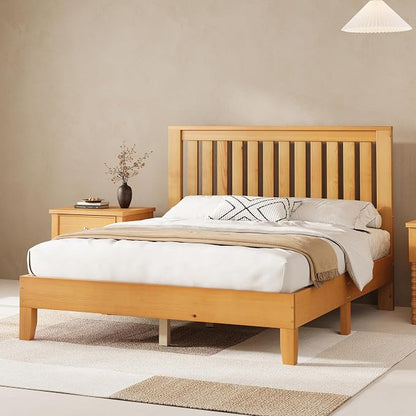 AMERLIFE Queen Size Bed Frame, Solid Wood Platform Bed with Vertical Slats Headboard, Wooden Bedframe Queen, Sturdy Wooden Slats Support, No Noise, Light Wood