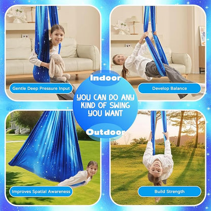 Sensory Swing for Kids Indoor & Outdoor Double Layer Therapy Cuddle Hammock Chair with 360 Swivel Hanger Kit Adjustable Swing for Child and Adult with Aspergers Autism ADHD (Star Blue)