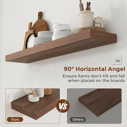 Heimlove 44 Inch Floating Shelves for Wall 8 Inch Deep Walnut Shelves Set of 2,Wall Mounted Rustic Wood Long Floating Shelf，Large Display & Storage Shelf with Invisible Brackets
