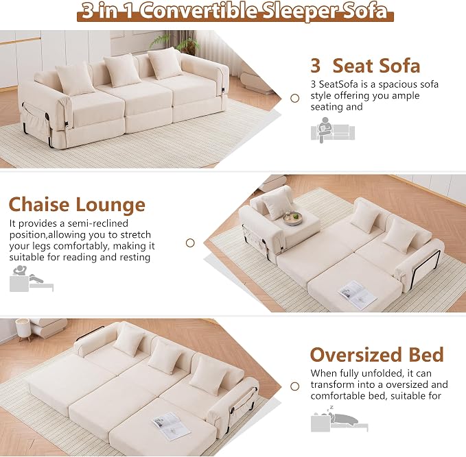 Cloud Modular Sectional Sofa, Foldable Floor Couch Bed, Convertible Sleeper Sofa Bed, Fold Out Boneless Couches for Living Room, Office, Guest Room, Apartment (3 Seater Couch, Beige)