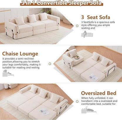 Cloud Modular Sectional Sofa, Foldable Floor Couch Bed, Convertible Sleeper Sofa Bed, Fold Out Boneless Couches for Living Room, Office, Guest Room, Apartment (3 Seater Couch, Beige)