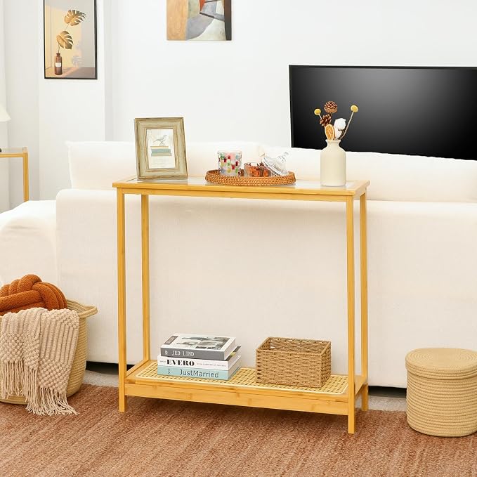Bamboo Narrow Console Table, 31.5"(L) Wood Small Entryway Table with Rattan and Glass, Accent Slim Hallway Tables, Thin Sofa Side Tables for Hallway, Living Room, Foyer, Burlywood