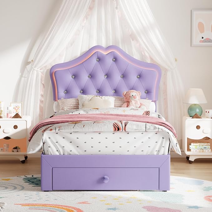 Garvee Full Size Bed Frame with LED Lights & Velvet Crystal Button Headboard, Upholstered Boy Platform Bed with Storage Drawer, Noise Free, No Box Spring Needed for Kids, Teens,