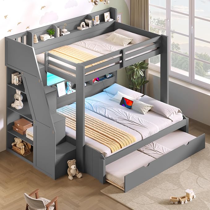 Twin Over Full Bunk Bed with Storage Staircase and Trundle,Storage Shelves, LED and USB,for Kids Teens Adults Bedroom Use (Grey-USB, Twin Over Full)