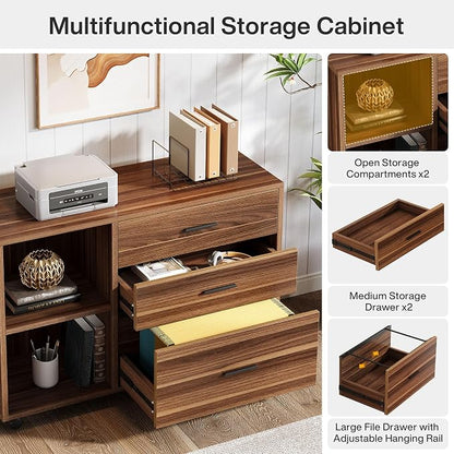 Tribesigns 63" L Shaped Desk with File Cabinet, Large Executive Office Desk with Rolling Filing Cabinet, Long Computer Table with Drawers, Business Furniture Set for Home Office, Light Walnut