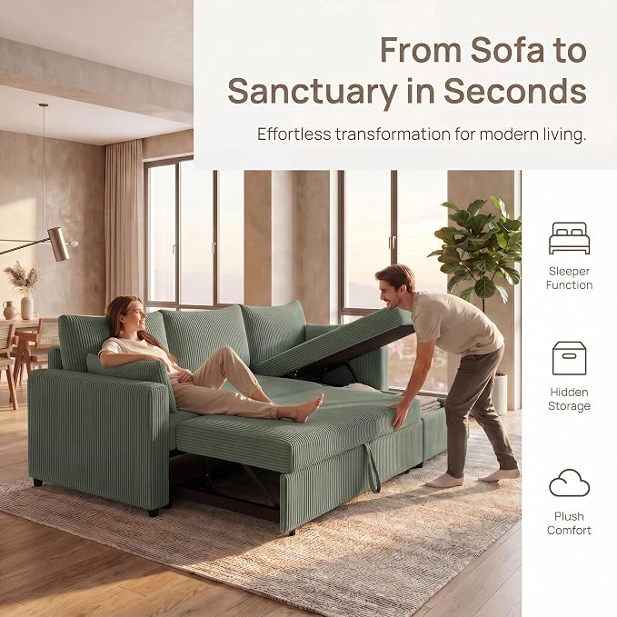 Queen Sleeper Sofa, Convertible Sofa Bed with Storage, 85 Inch Sectional Couch with Pull Out Bed, L Shaped 3 Seat Sectional Sleeper Sofa for Living Room, Apartment, Green