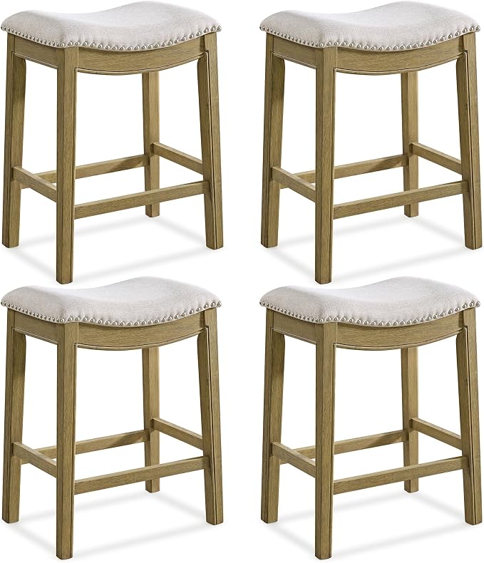 ROME + OAK Set of 4 Parker 26" Counter Stool, Backless Saddle Kitchen Barstool in Natural Wood Finish with Wheat Cream Fabric Upholstery Cushion Seat