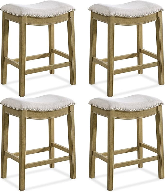 ROME + OAK Set of 4 Parker 26" Counter Stool, Backless Saddle Kitchen Barstool in Natural Wood Finish with Wheat Cream Fabric Upholstery Cushion Seat