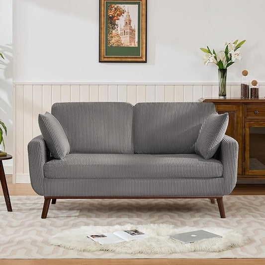 Kingfun 65" Corduroy Love Seat with Spring Cusions, Mid Century Modern Loveseat Sofa for Livingroom & Bedroom, Comfy Upholstered Small Couch, Gray