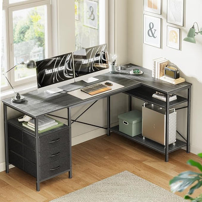 Huuger L Shaped Office Desk with Power Outlets, 55 Inch Computer Desk with 3 Drawers, Shelves, Reverisble for Gaming Corner Work Home Office Study, Grey