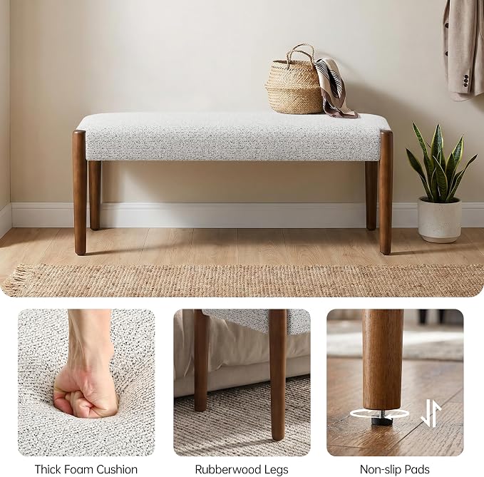 Usaint 42" End of Bed Bench, Modern Upholstered Bedroom Bench with Rubberwood Legs, Entryway Bench with Cushion, Dining Bench for Living Room, Bedroom, Heathered Off-White with Walnut Leg