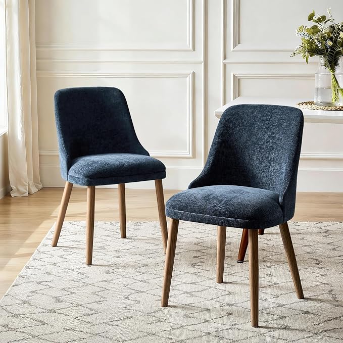 Upholstered Dining Chairs Set of 2, Fabric Dining Room Chairs with Curved Backrest, Solid Wood Legs, Modern Kitchen Chairs for Dining Room Living Room, Navy