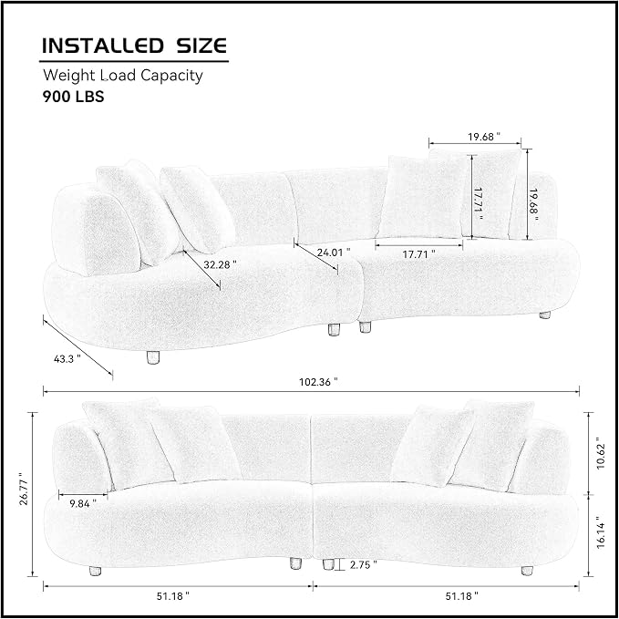 KEIKI 102" Curved Oversized Boucle Modular Sectional Sofa with 4 Throw Pillows, Mid-Century 4-Seater Upholstered Corner Plush Comfy Couch, Easy Assembly, for Apartment, Living Room, White
