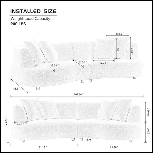KEIKI 102" Curved Oversized Boucle Modular Sectional Sofa with 4 Throw Pillows, Mid-Century Style 4-Seater Upholstered Corner Plush Comfy Couch, Easy Assembly, for Apartment, Living Room, Green
