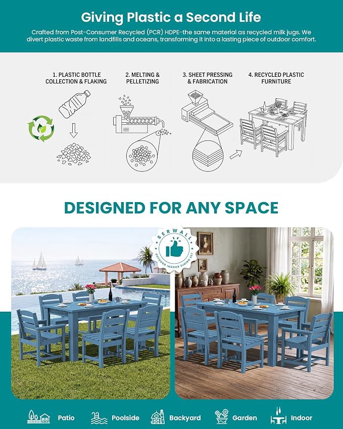 SERWALL HDPE Dining Set for 8: 2 Umbrella Hole Tables + 8 Chairs. for Garden, Backyard, Poolside. Blue